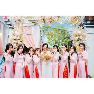 Áo dài lụa tay bồng Hồng - Trắng - Xanh