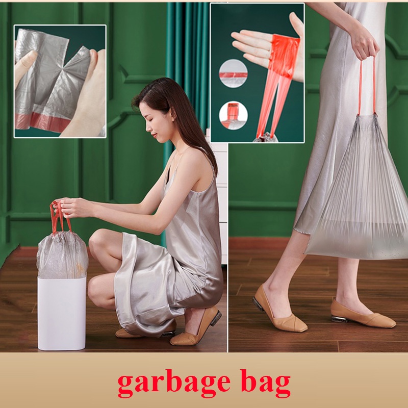 Cuộn 12/15 túi rác tự hủy sinh học có quai xách tiện dụng chắc chắn thiết kế dây rút thông minh