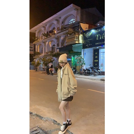 áo hoodie zip dáng rộng chữ thêu
