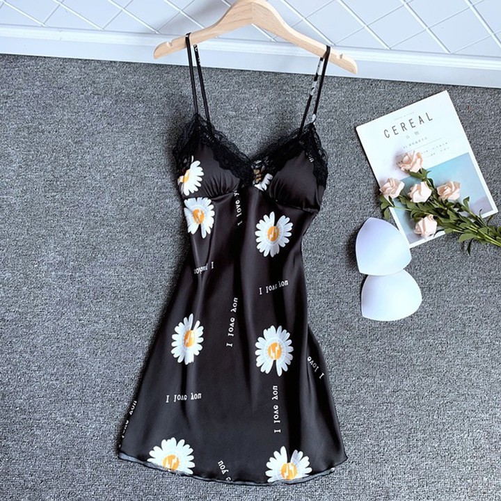 Váy ngủ lụa 2 dây họa tiết hoa cúc hot trend hàng nhập cao cấp có kèm đệm ngực | BigBuy360 - bigbuy360.vn