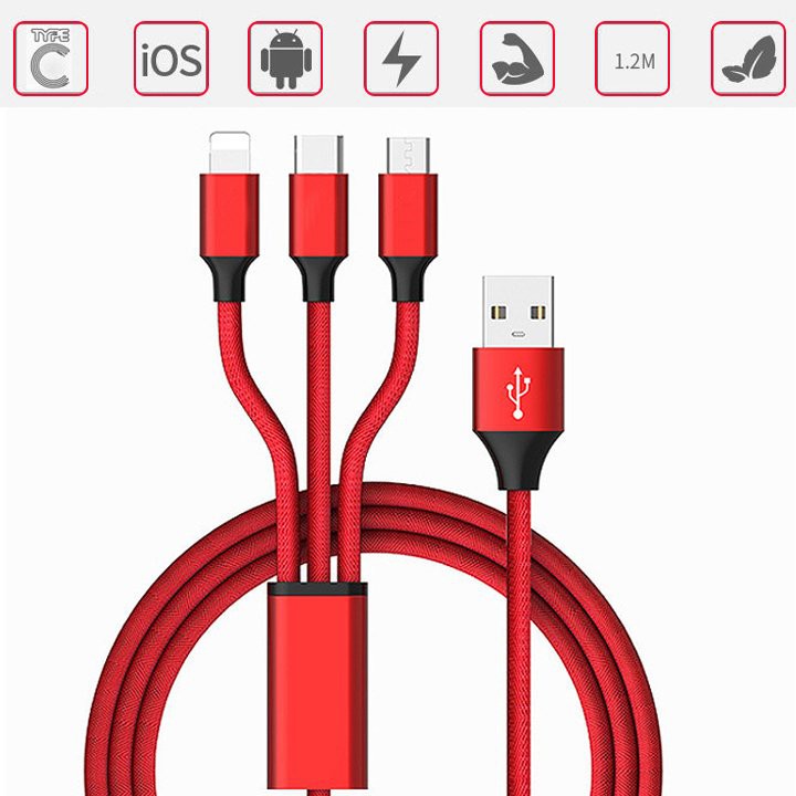 Dây 2.4A 3 Đầu Lightning Micro USB Type C, cáp sạc iphone, cáp sạc samsung, sáp sạc oppo, cáp sạc đa năng