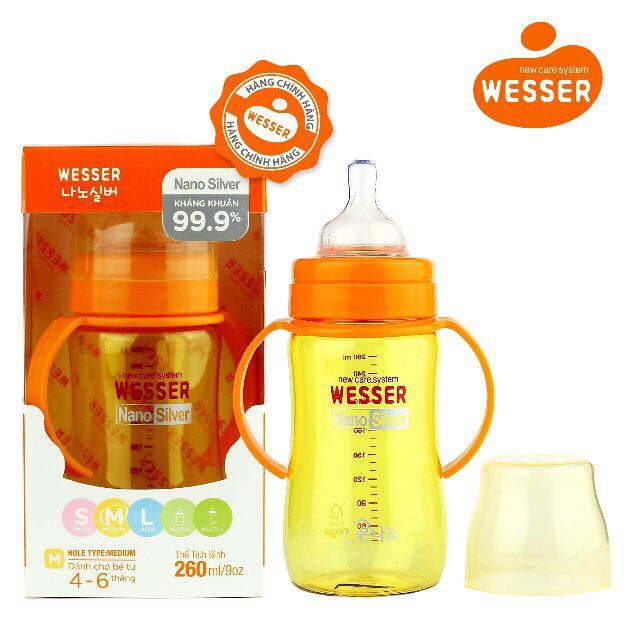 BÌNH SỮA WESSER CỔ RỘNG 180ML/260ML NANO SILVER