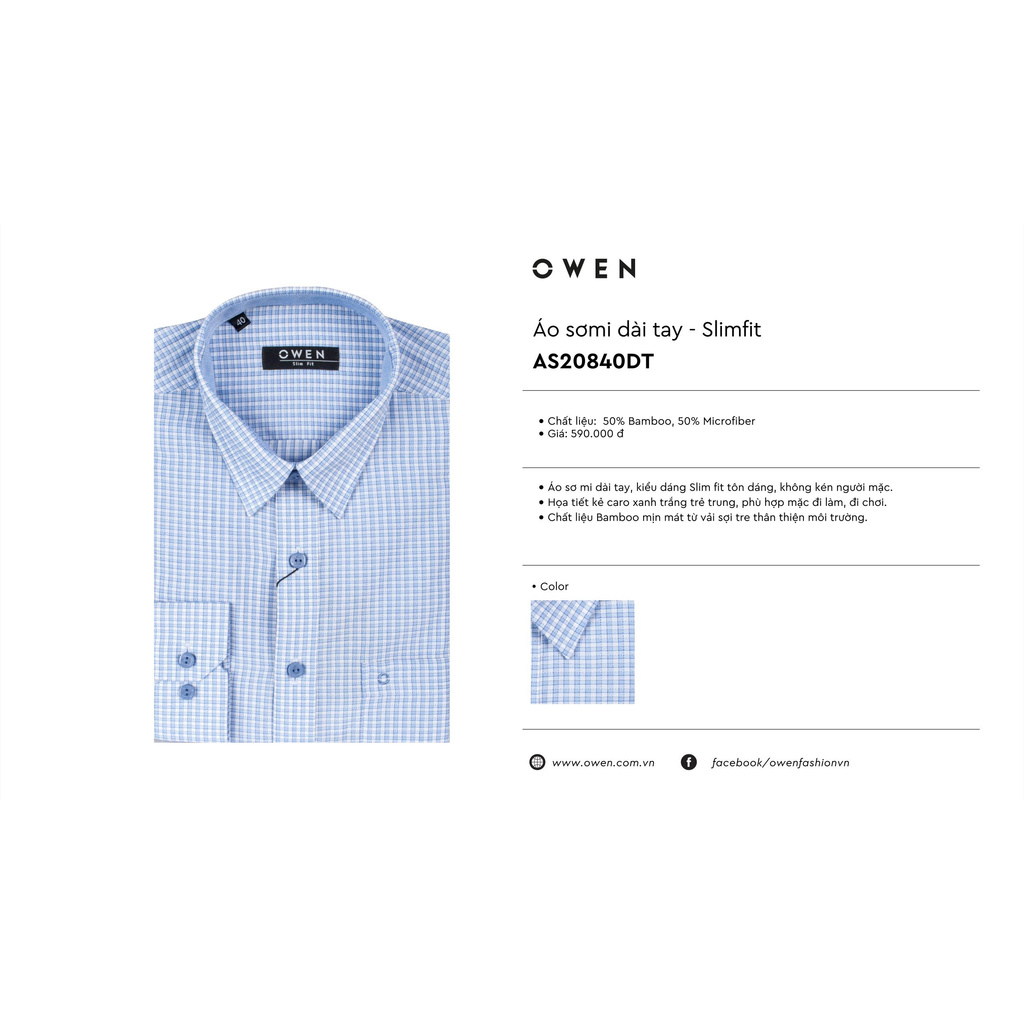 Áo Sơ Mi Nam Tay Dài Owen AS20840DT Dáng Slim Fit Màu Trắng Kẻ Caro Xanh
