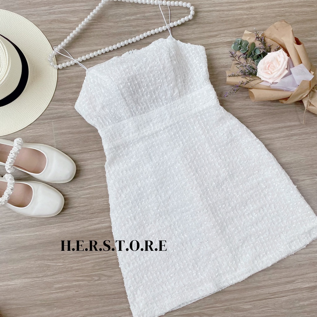 Đầm trắng hai  dây có lót xịn xò đi biển, đi tiêc- Herstore