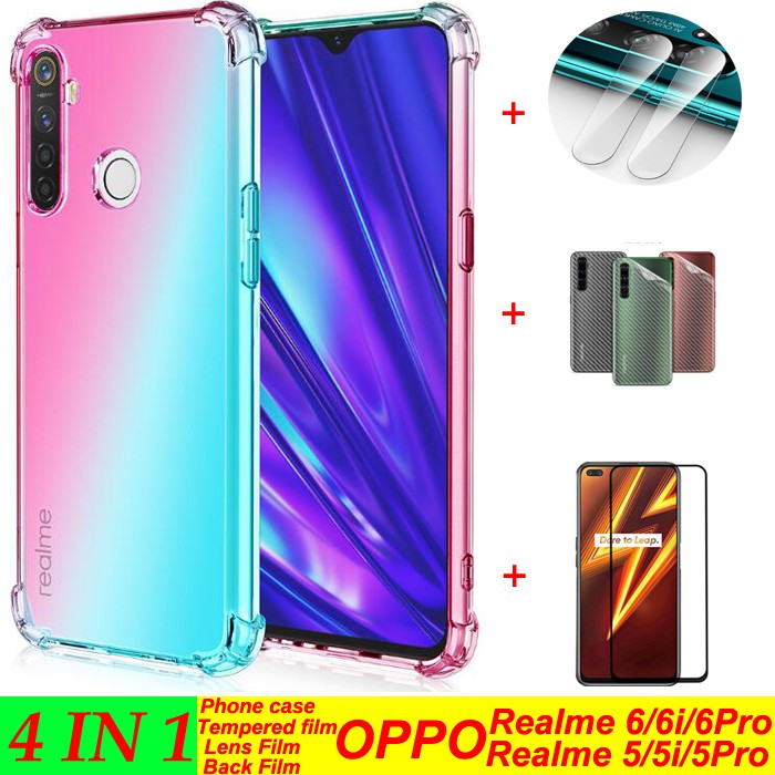 Ốp điện thoại+cường lực toàn màn hình HD+miếng dán sợi carbon mặt lưng và lens cho OPPO Realme 6/Realme 6i/Realme 6Pro