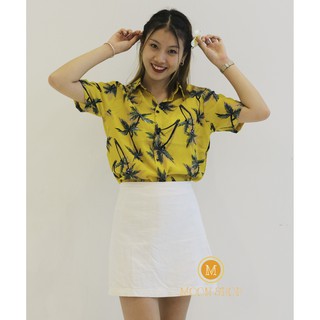 Áo sơ mi nữ họa tiết cây dừa, chất cát lụa