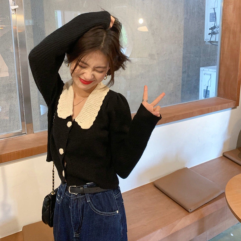 Áo Khoác Cardigan Dệt Kim Dáng Ngắn Cổ Bẻ Phong Cách Thời Trang Pháp