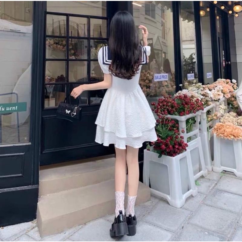 ĐẦM TRẮNG VIỀN XANH CỔ PHỐI NƠ