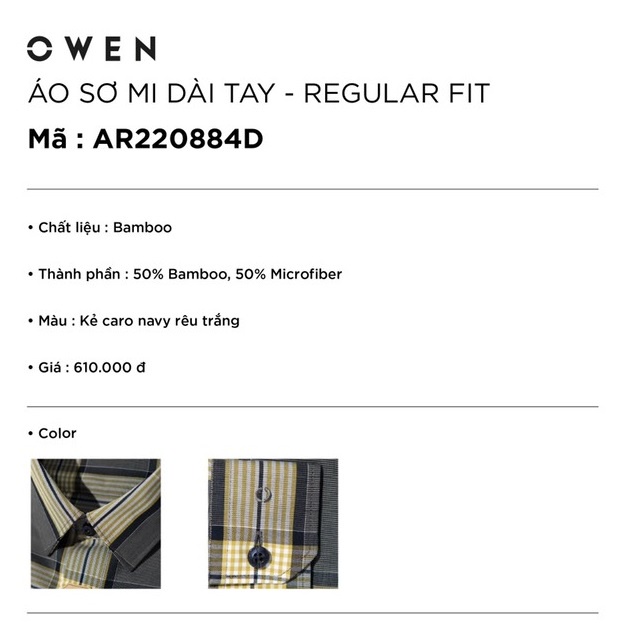 Áo Sơ Mi Nam Dài Tay OWEN AR220884DT Somi Công Sở Vải Sợi Tre Cao Cấp Màu Caro Navy Rêu Trắng Dáng Suông Tà Lượn Có Túi