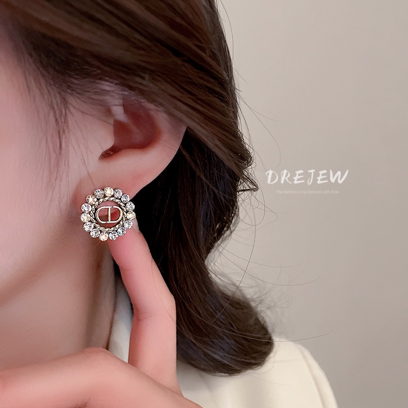 DREJEW Đôi Bông Tai Hình Tròn Đính Đá Thời Trang Sành Điệu Cho Nữ