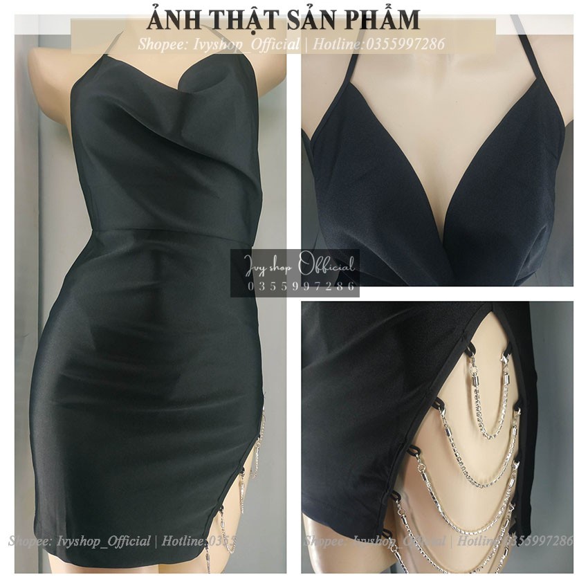 Váy Ngủ Body Cổ Đổ Xẻ Đùi Phối Dây Kim Loại Gợi Cảm - VB Mắt xích - Đầm Ngủ Body Xẻ tà Gợi Cảm