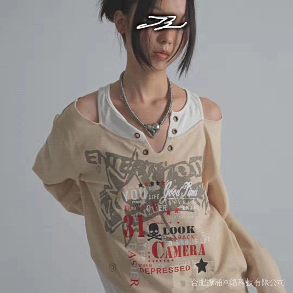Ya culture Áo Thun Dài Tay Giả Hai Mảnh Không Đối Xứng In Họa Tiết Phong Cách punk Milan y2k hot girl
