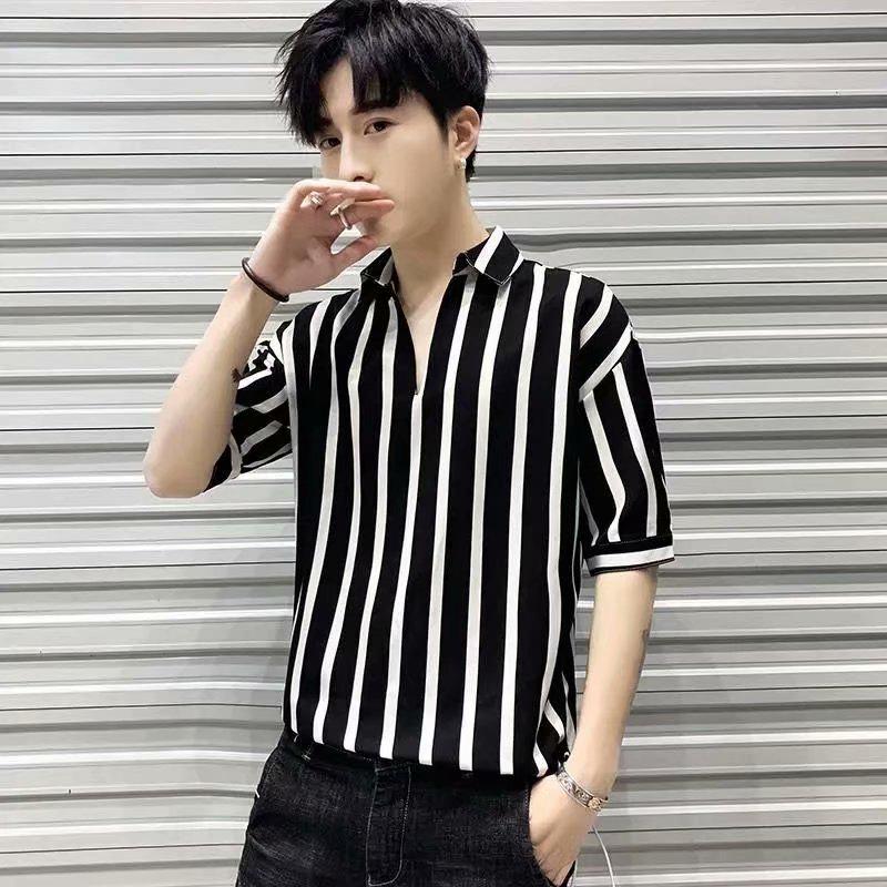 Áo Sơ Mi Tay Lửng Cổ Chữ v Họa Tiết Kẻ Sọc Phong Cách Hàn Quốc Thời Trang Mùa Hè Cho Nam Size s-3xl