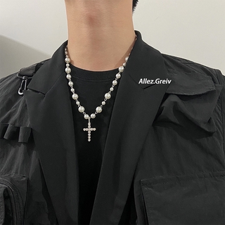 Unisex Choker Necklace Pendant Long korean hiphop Pearl Diamond inlay cross