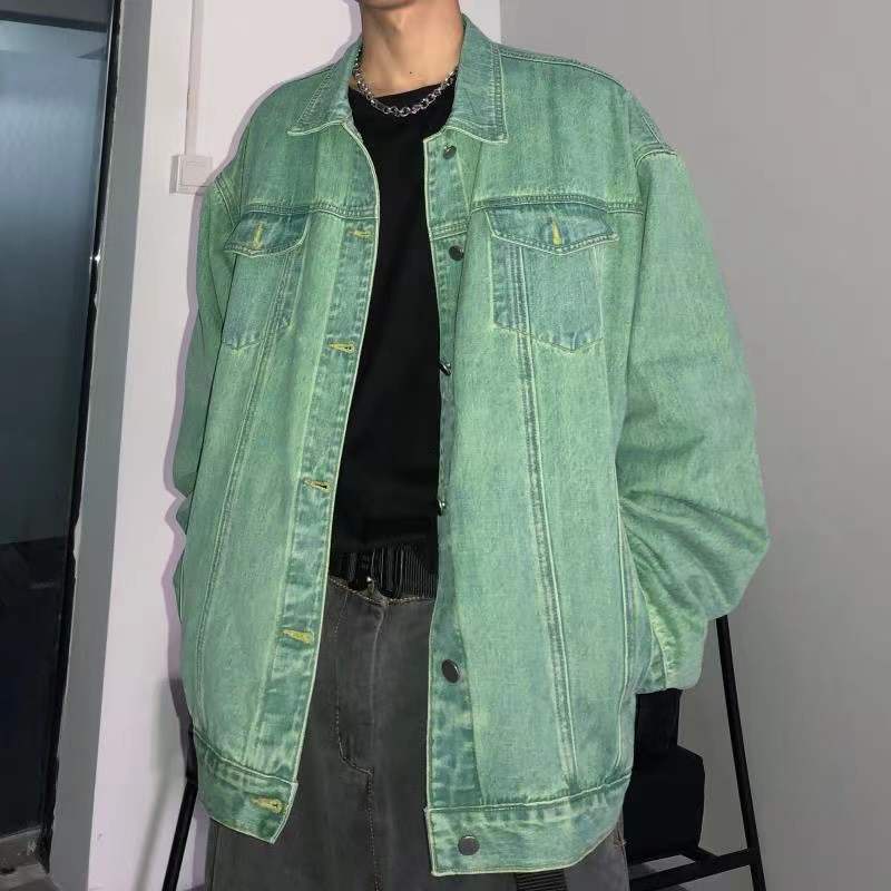 Áo Khoác Denim Màu Xanh Lá Cây Dáng Rộng Phong Cách Đường Phố Đường Phố Thời Trang Mùa Thu Cho Nam Và Nữ Dễ Phối Đồ