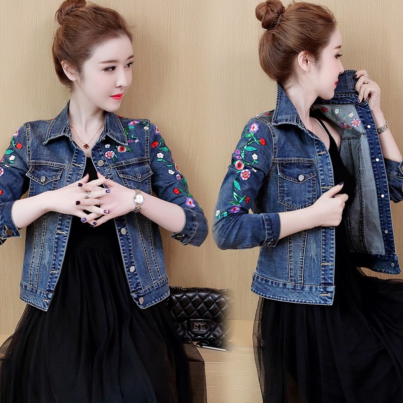 Plus Size Flower Embroidery Denim Jacket For Women Slim Cropped Denim Jacket Fashion Blue Jeans Jacket Woman Casual Long Sleeve Short Jeans Coat