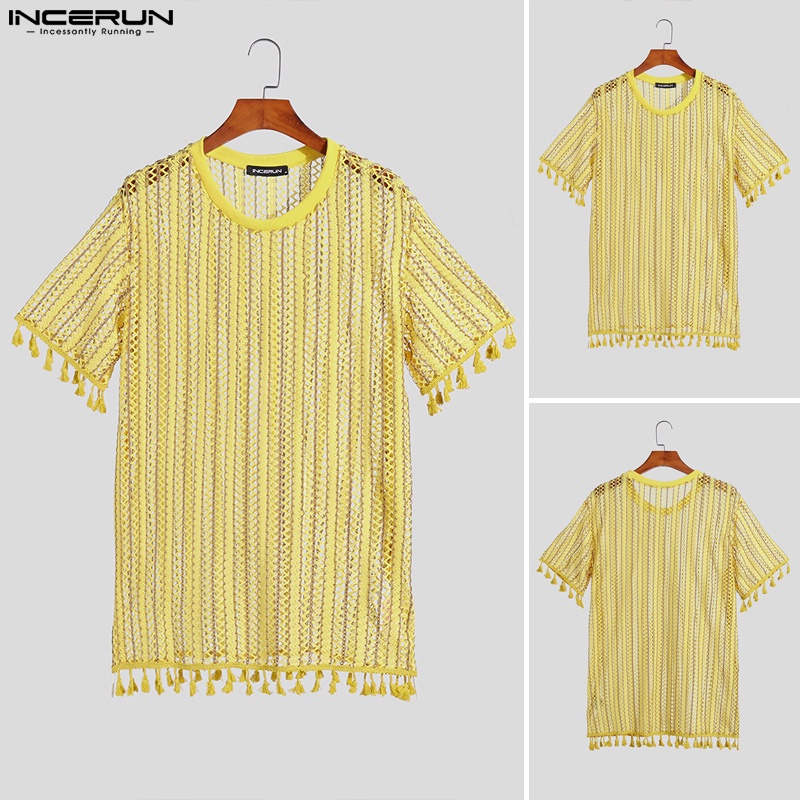 INCERUN Áo Ba Lỗ Trong Suốt Kẻ Sọc Dáng Rộng Phối Tua Rua Phong Cách Retro Dành Cho Nam Giới