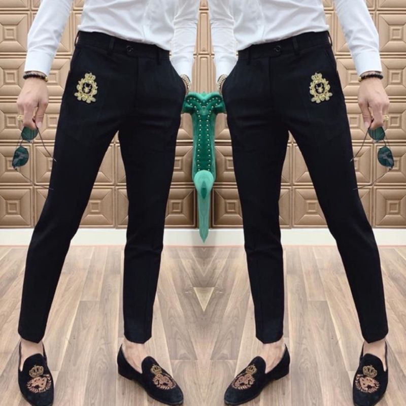 Quần âu nam Đen thêu họa tiết ống côn , dáng ôm Body hàn Quốc, chất vải không nhăn, không bai xù