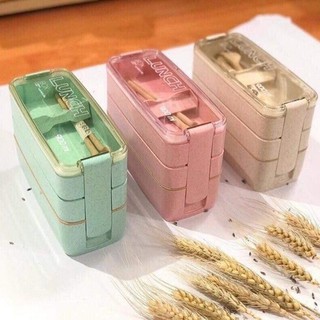 Hộp cơm lúa mạch 3 tầng hình chữ nhật