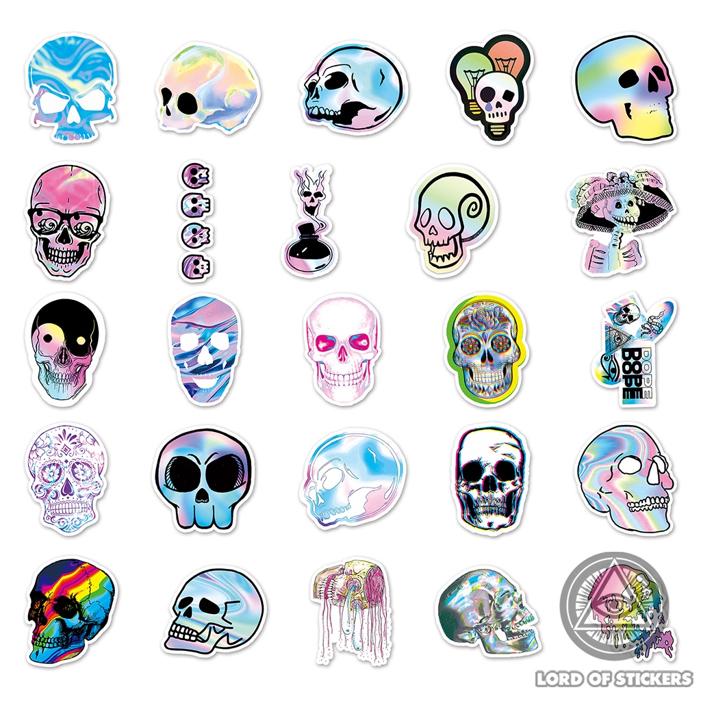 Set 50 Hình Dán Đầu Lâu Holographic Graffiti Sticker Cute Nhiều Màu Sắc Chống Thấm Nước Dán Mũ Bảo Hiểm, Laptop, Vali