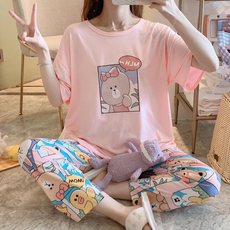 [Sẵn] Đồ bộ thun cotton quần dài, đồ mặc ở nhà Quảng Châu, pijama họa tiết hoạt hình dễ thương