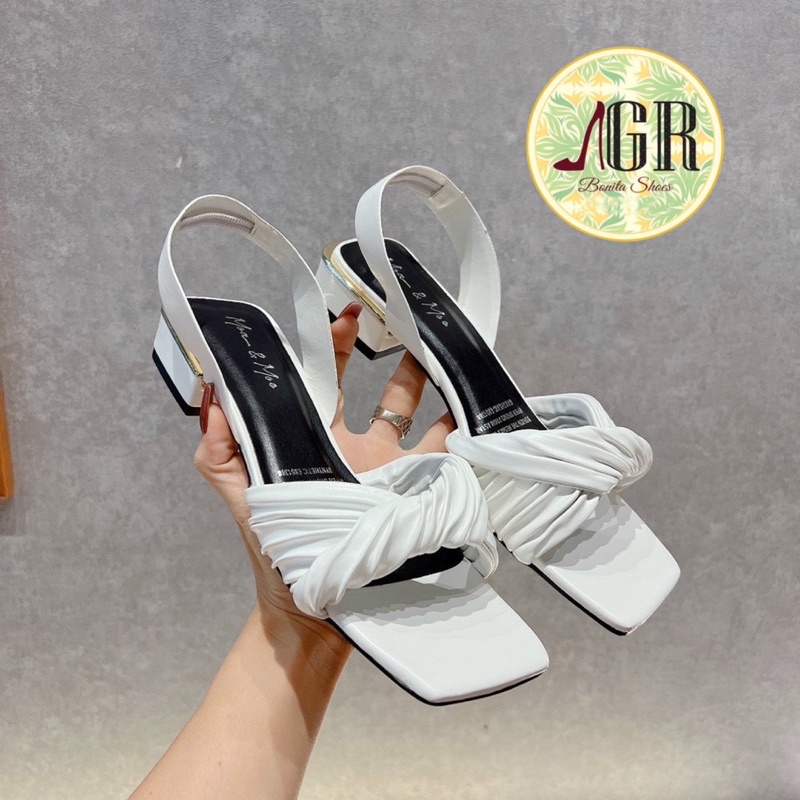 Sandal quai xoắn da hậu thun gót viền cao 2 cm