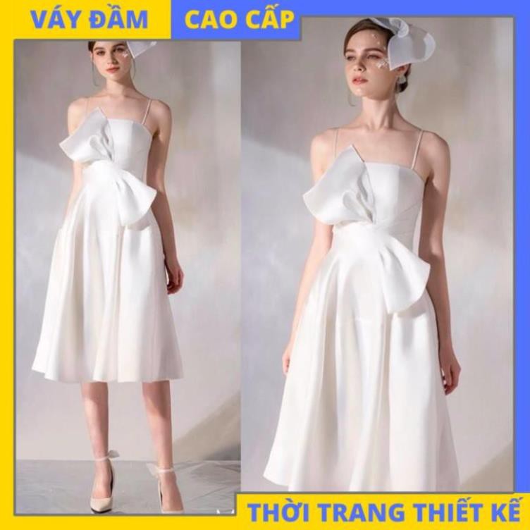 Đầm trắng hai dây xoè phi lụa sang trọng dự tiệc dạ hội [HÀNG THIẾT KẾ CAO CẤP] !