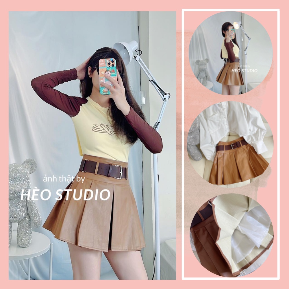 Chân Váy Da Xòe Xếp Li Kèm Belt Hèo Studio (Ảnh Thật + Video)