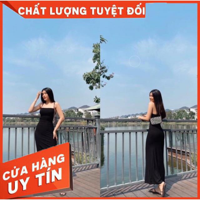 VÁY THUN DÂY XOÈ ĐEN DÁNG DÀI ĐẸP XUẤT SẮC