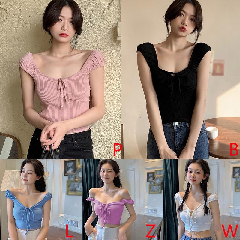 Áo Dệt Kim Tay Ngắn Trễ Vai Thời Trang Hàn Quốc Dành Cho Nữ