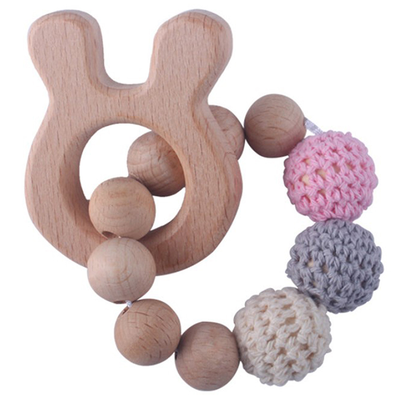 Bnvn 5# Wooden Rattle Beech Bear Hand Teething Ring Baby Rattles Play Stroller Toy Bnvv