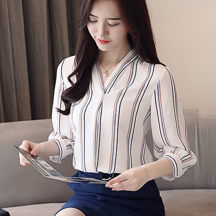 Áo sơ mi công sở nữ cổ V kẻ sọc sang trọng kiểu Hàn Quốc
