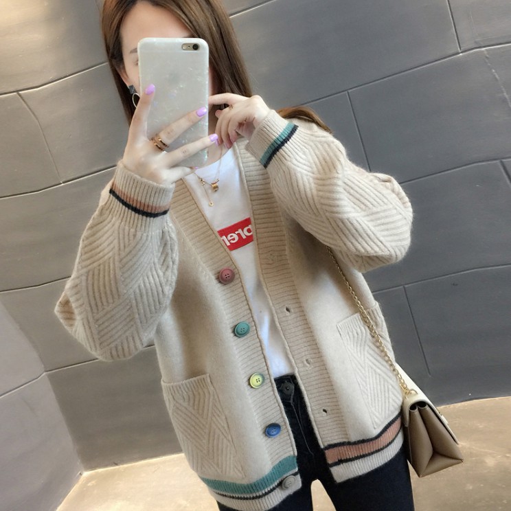 [ Mã 12FASHIONSALE1 giảm 10K đơn 50K ] Áo Khoác Cardigan Màu Trơn Cổ Chữ V Phối Nút Có Màu Phong Cách Hàn Quốc Cho Nữ