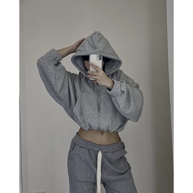 𝐃𝐦𝐚𝐧𝐡 - áo khoác croptop hoodie túi zip form oversize rộng tay bồng dáng ngắn bo chun, màu trắng-đen-xám-nâu