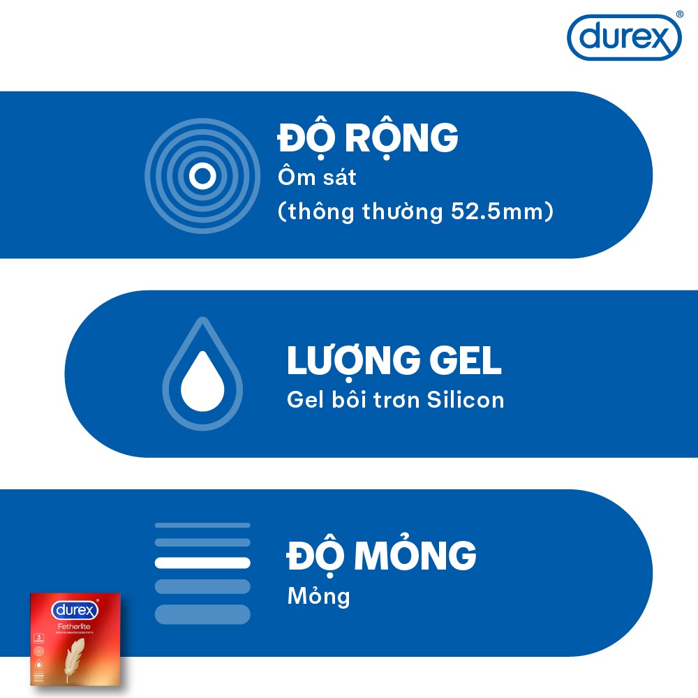 Bao cao su Durex Fetherlite siêu mỏng, size 52.5mm, 3 bao/hộp