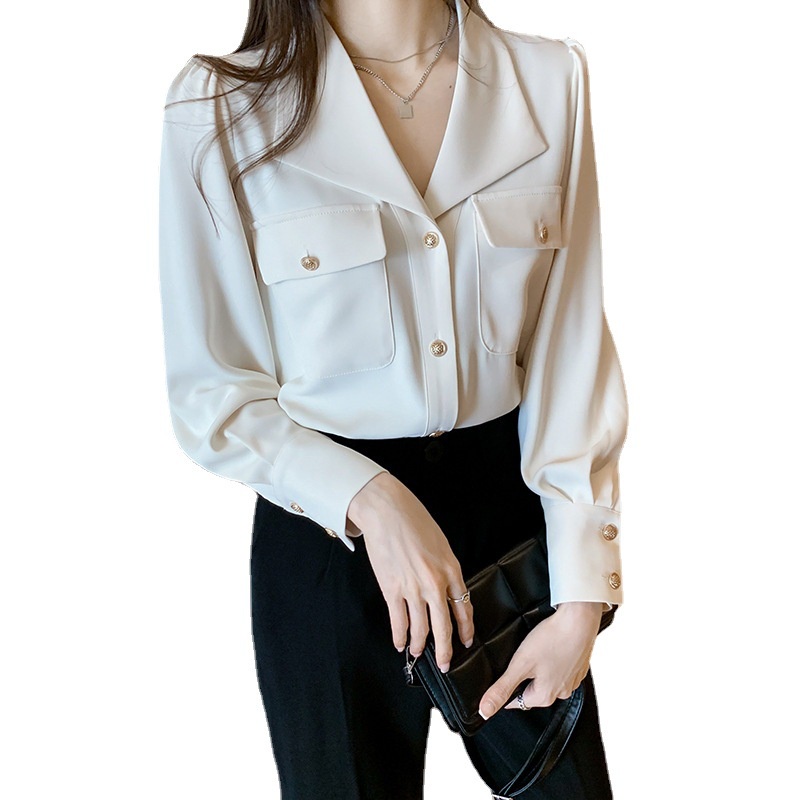 Áo sơ mi IELGY màu trắng tay dài cổ chữ v thời trang thanh lịch cho nữ