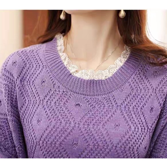 Áo len nữ phom dáng rộng chất dày cổ tròn pha ren chui đầu phong cách Hàn