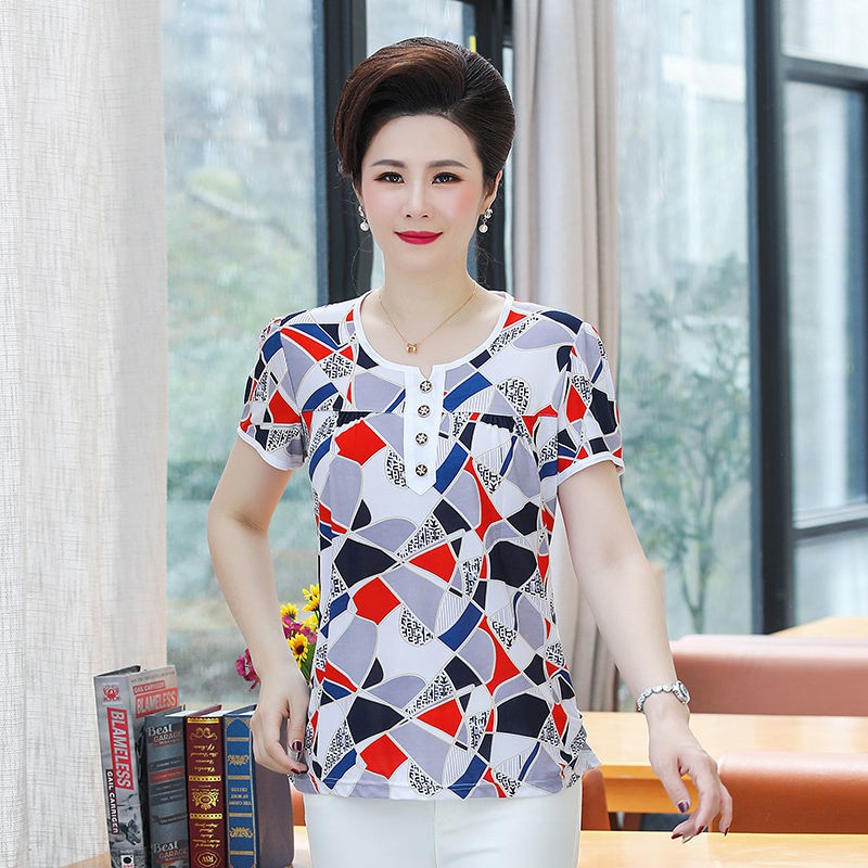 Váy mùa hè cho bà mẹ trung niên mới Phụ nữ trung niên và người cao tuổi áo sơ mi nam mùa hè lụa băng mỏng phần quý phái