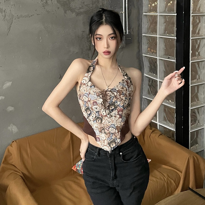 [Augustcloth] Áo croptop đan dây họa tiết gấu phong cách Hàn Quốc