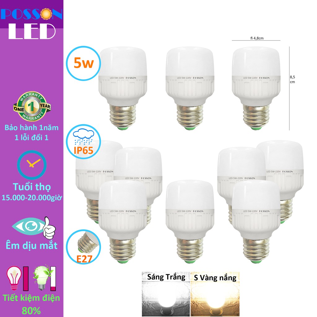 Sỉ 100 Bóng đèn Led trụ 5w bup trụ bulb tiết kiệm điện kín chống nước Posson LC-5x