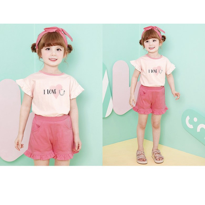 Bộ cotton bé gái xuất Hàn petite chữ love phối bèo