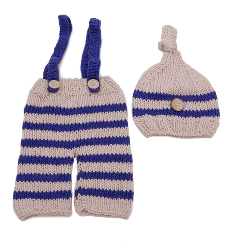 Bộ 2 Món Áo Liền Quần + Nón Họa Tiết Kẻ Sọc Thân Thiện Với Da Dùng Chụp Ảnh Cho Bé Sơ Sinh