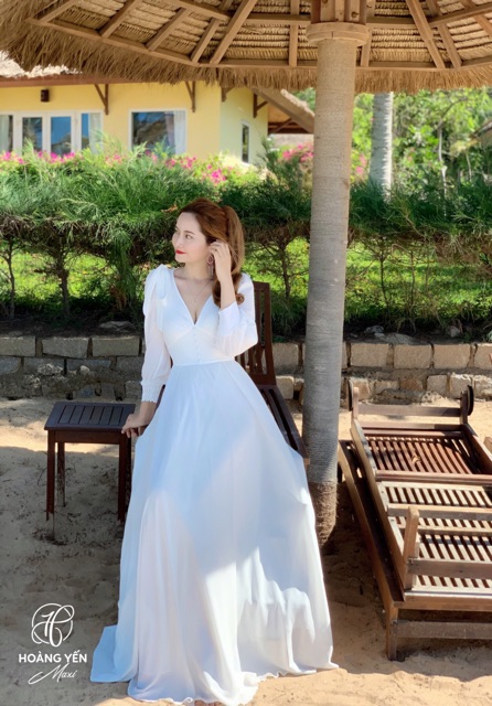 Đầm maxi trắng đi biển, đầm trắng tay dài cột nơ đính ngọc tà váy xoè dài HOANGYEN