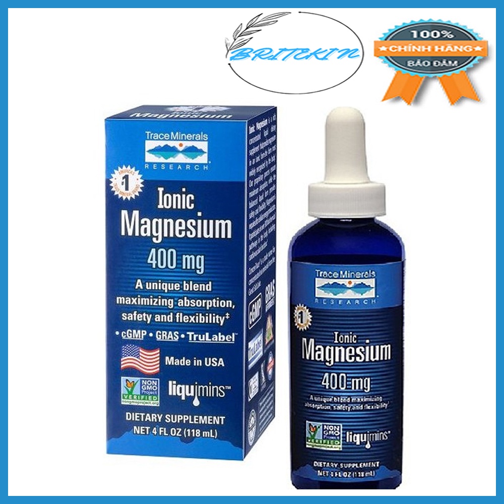 Vi Khoáng Bổ Sung Ionic Magnesium 400mg Dạng Lỏng Giúp Giảm Mệt Mỏi, Chuột Rút Và Đau Nửa Đầu Trace Minerals -Chai 118ml