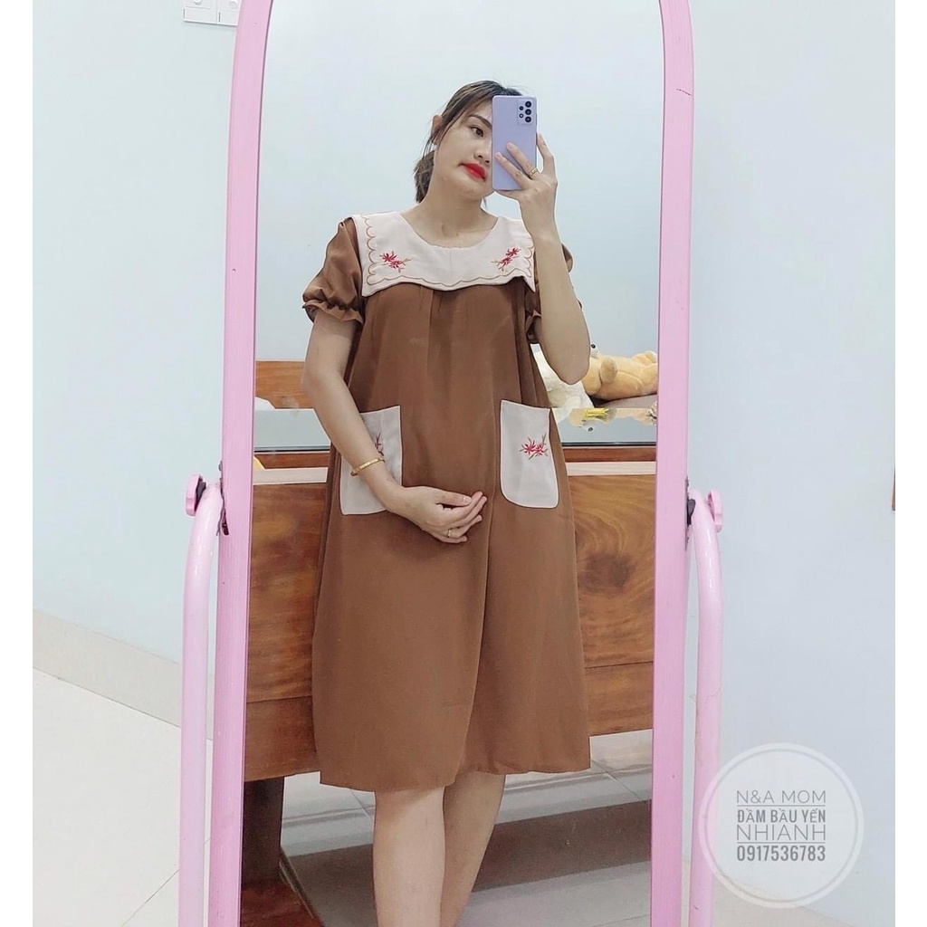Váy Bầu Công Sở Mùa Hè Dáng Suông Màu Nâu Lịch Sự Nhã Nhặn, Đầm Bầu Đi Làm, Mặc Ở Nhà Có Cổ chất lụa hàn