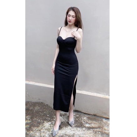 Đầm Ôm Body 2 Dây Xẻ Tà,Chất Liệu Umi [ Có Mút Ngực ], Đầm Dài Ôm Body Tôn Dáng Phù Hợp Mọi Phong Cách
