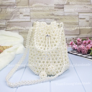 Túi xách tay kết hạt cườm giả ngọc trai handmade miệng rút dây thanh lịch