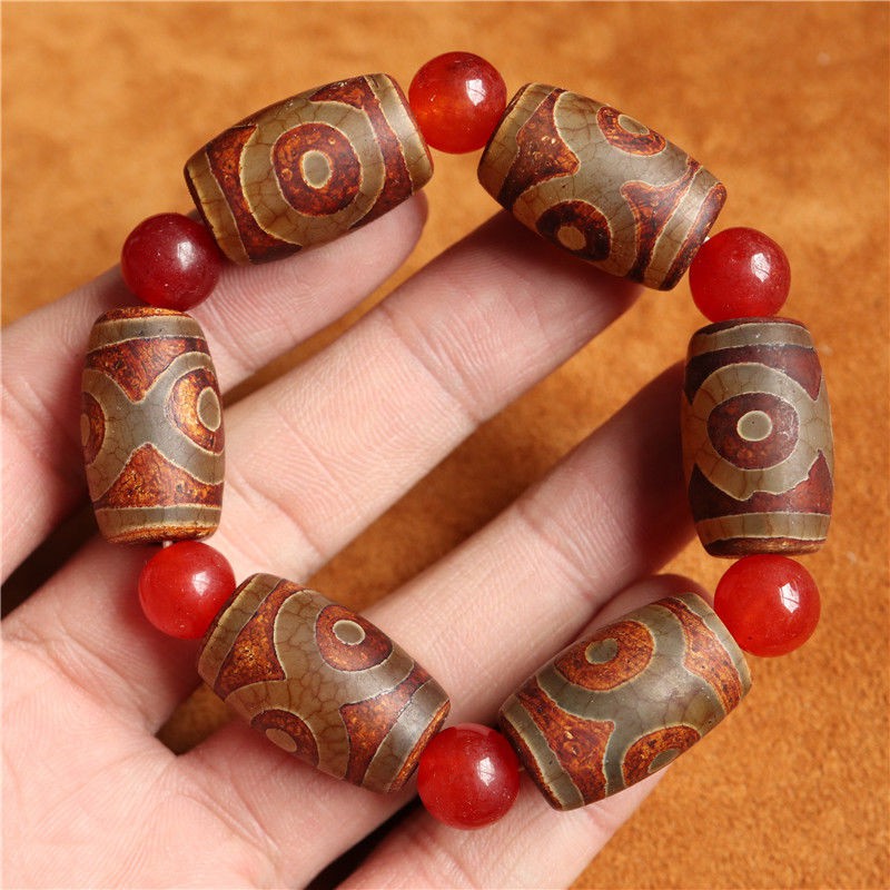 Vòng tay hạt Dzi cổ Tây Tạng Chín mắt ba bằng đá thô của nam và nữ mã não Chalcedony Lucky Evil Couple Bracelet