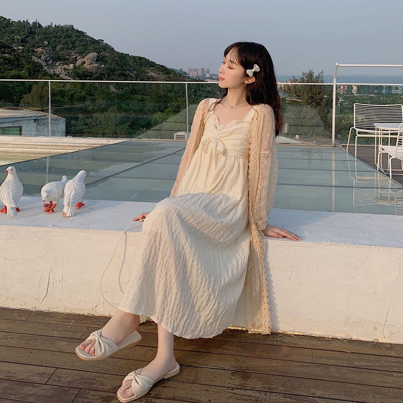 Đầm Hai Dây Dáng Dài Phối Ren Rỗng Chống Nắng Phong Cách Hàn Quốc Nhẹ Nhàng Dành Cho Bạn Nữ Mặc Khi Điều Hòa