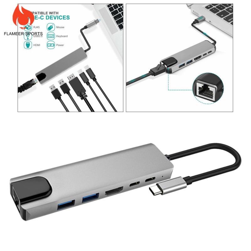 Flameer Sports  6 in 1 USB C Hub USB Type C 3.1 Adapter Dock w/ 4K HDMI PD Charge  2x USB3.0